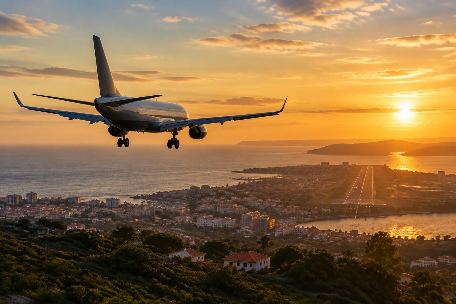 Aircraft approaching a coastal airport at golden hour